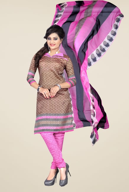 Triveni Brown & Pink Printed Dress Material Triveni Brown & Pink Printed Dress Material