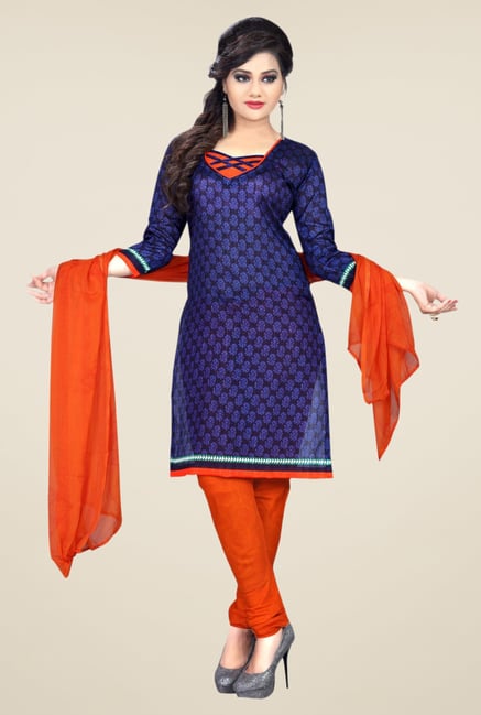 Triveni Navy & Orange Printed Dress Material Triveni Navy & Orange Printed Dress Material