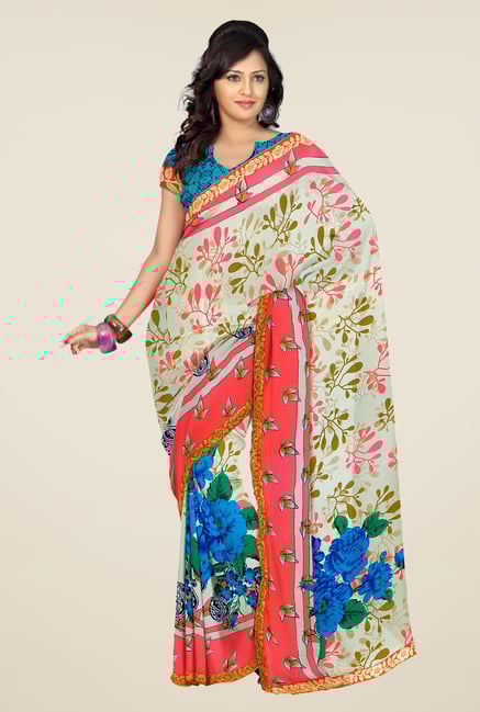 Triveni Cream Floral Print Faux Georgette Saree Triveni Cream Floral Print Faux Georgette Saree