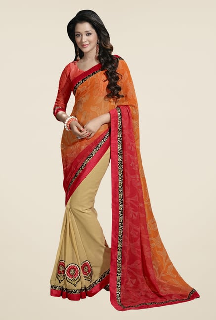 Triveni Beige & Orange Embroidered Faux Georgette Saree Triveni Beige & Orange Embroidered Faux Georgette Saree