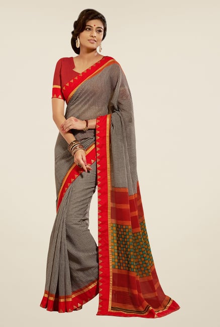 Triveni Black & Red Checks Bhagalpuri Khadi Silk Saree Triveni Black & Red Checks Bhagalpuri Khadi Silk Saree