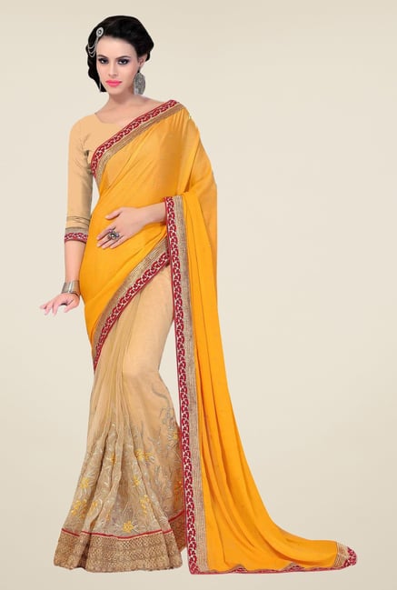 Triveni Beige & Yellow Embroidered Satin Chiffon Saree Triveni Beige & Yellow Embroidered Satin Chiffon Saree