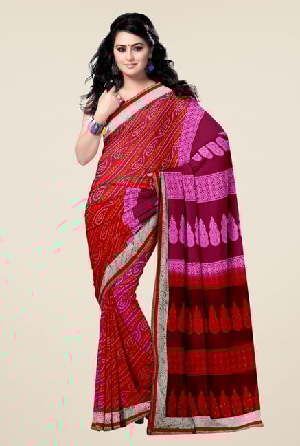 Triveni Red & Magenta Bandhani Faux Georgette Saree Triveni Red & Magenta Bandhani Faux Georgette Saree