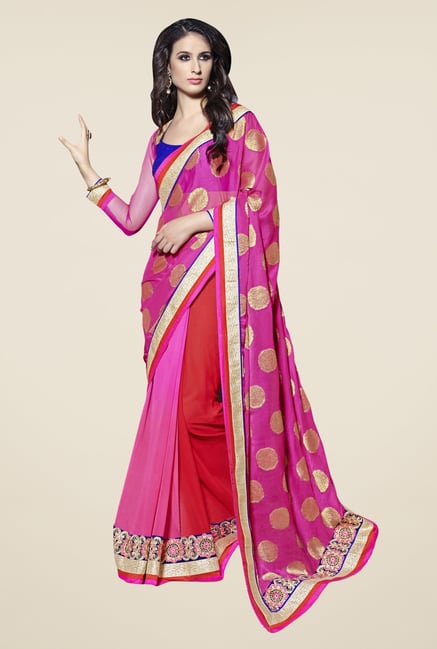 Triveni Pink & Red Printed Chiffon Saree Triveni Pink & Red Printed Chiffon Saree