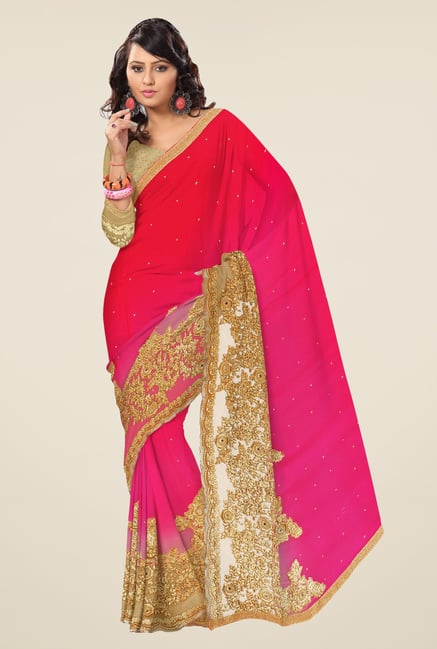 Triveni Magenta & Red Embroidered Faux Georgette Saree Triveni Magenta & Red Embroidered Faux Georgette Saree