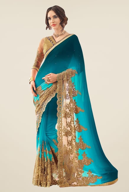Triveni Teal Embroidered Faux Georgette Saree Triveni Teal Embroidered Faux Georgette Saree
