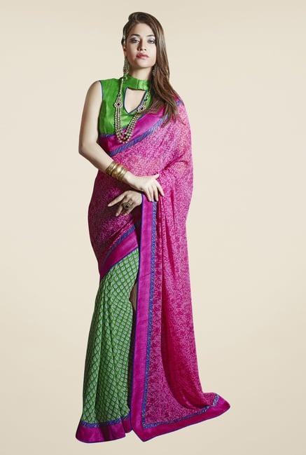 Triveni Green & Pink Printed Faux Georgette Saree Triveni Green & Pink Printed Faux Georgette Saree