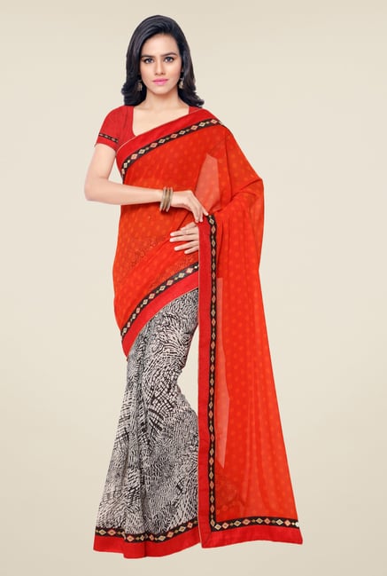 Triveni Off White & Orange Printed Faux Georgette Saree Triveni Off White & Orange Printed Faux Georgette Saree