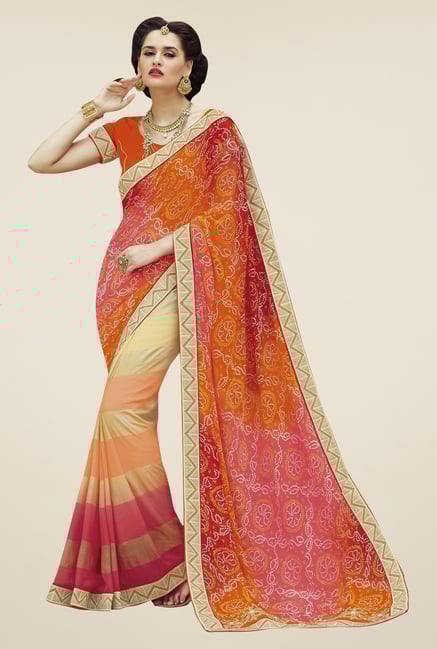 Triveni Beige & Orange Printed Faux Georgette Saree Triveni Beige & Orange Printed Faux Georgette Saree