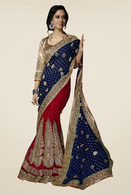Triveni Maroon & Navy Embroidered Viscose Saree Triveni Maroon & Navy Embroidered Viscose Saree