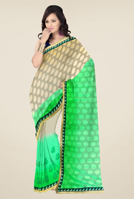 Triveni Green & Beige Embroidered Faux Georgette Saree Triveni Green & Beige Embroidered Faux Georgette Saree
