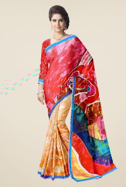 Triveni Orange & Red Printed Faux Georgette Saree Triveni Orange & Red Printed Faux Georgette Saree