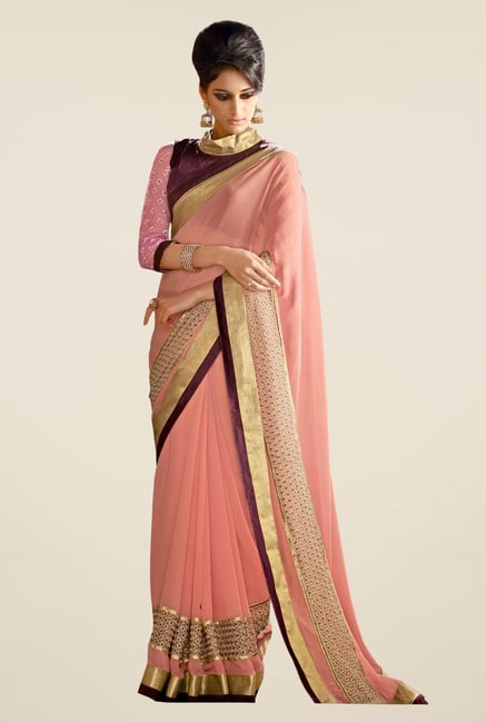 Triveni Peach Solid Faux Georgette Saree Triveni Peach Solid Faux Georgette Saree