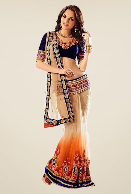 Triveni Beige & Orange Embroidered Net Saree Triveni Beige & Orange Embroidered Net Saree