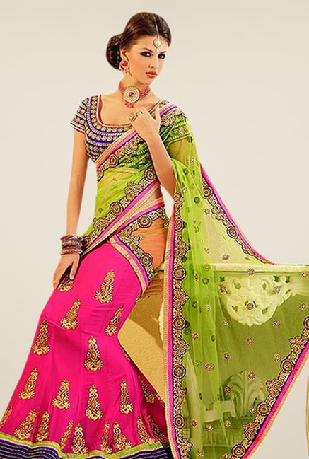 Triveni Magenta & Green Embroidered Lehenga Saree Triveni Magenta & Green Embroidered Lehenga Saree