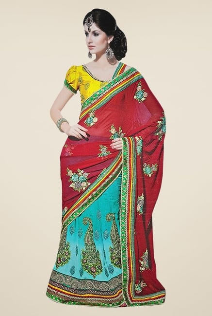 Triveni Sky Blue & Pink Embroidered Faux Georgette Saree Triveni Sky Blue & Pink Embroidered Faux Georgette Saree