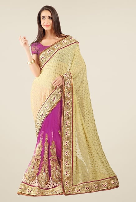 Triveni Purple & Beige Embroidered Viscose Jacquard Saree Triveni Purple & Beige Embroidered Viscose Jacquard Saree
