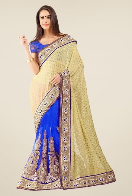 Triveni Blue & Beige Embroidered Jacquard Saree Triveni Blue & Beige Embroidered Jacquard Saree