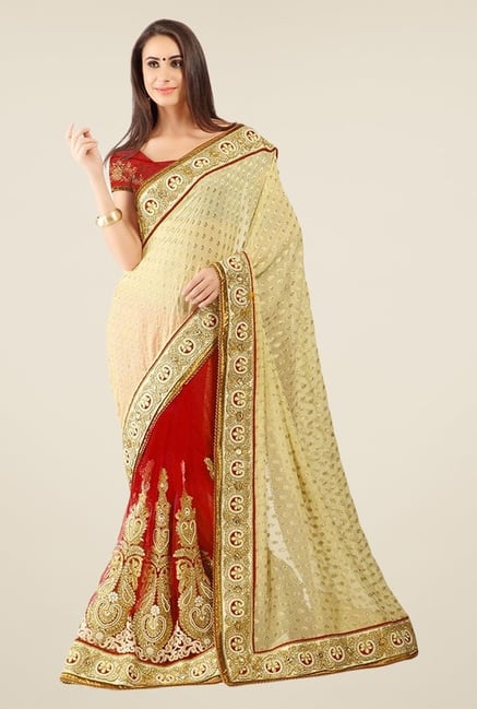 Triveni Red & Beige Embroidered Viscose Jacquard Saree Triveni Red & Beige Embroidered Viscose Jacquard Saree