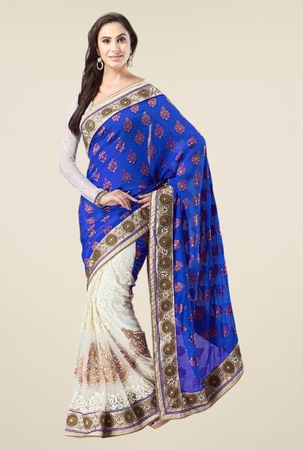 Triveni Off White & Blue Embroidered Banarasi Silk Saree Triveni Off White & Blue Embroidered Banarasi Silk Saree