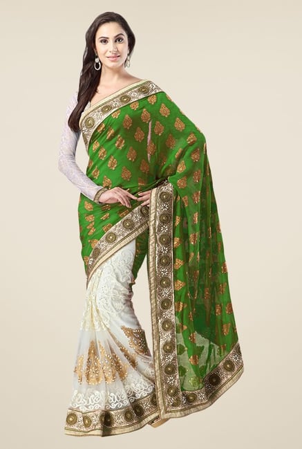 Triveni Off White & Green Embroidered Banarasi Silk Saree Triveni Off White & Green Embroidered Banarasi Silk Saree
