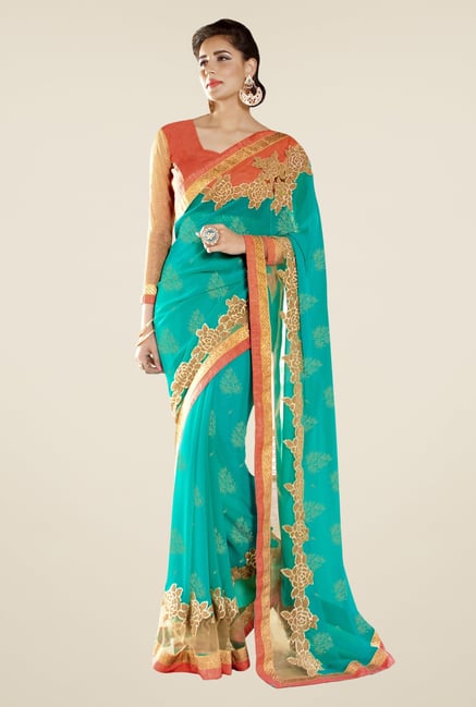 Triveni Teal Embroidered Shimmer & Faux Georgette Saree Triveni Teal Embroidered Shimmer & Faux Georgette Saree