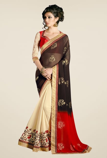 Triveni Beige & Brown Embroidered Faux Georgette Saree Triveni Beige & Brown Embroidered Faux Georgette Saree