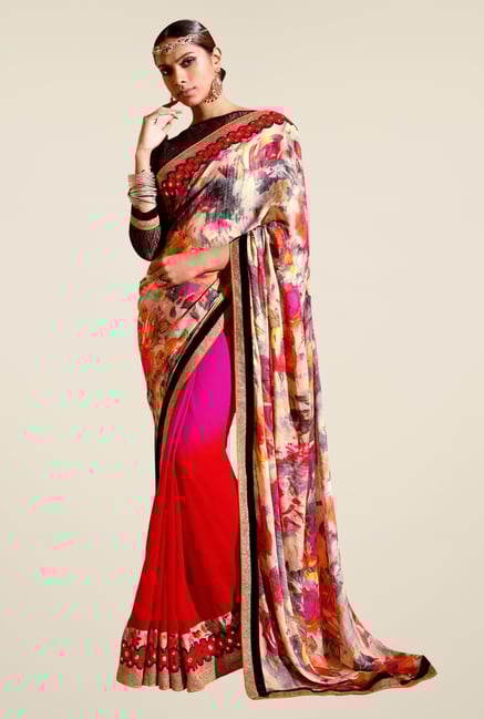 Triveni Red & Pink Printed Faux Georgette Saree Triveni Red & Pink Printed Faux Georgette Saree