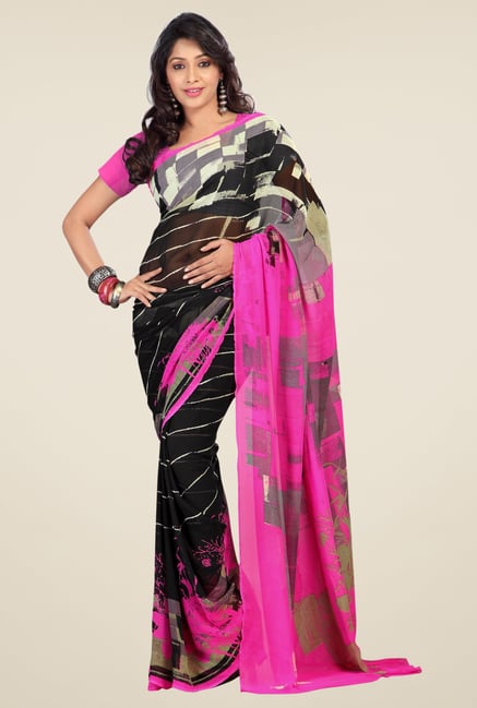 Triveni Black & Pink Printed Faux Georgette Saree Triveni Black & Pink Printed Faux Georgette Saree