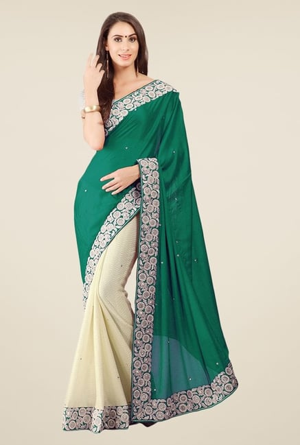 Triveni Beige & Teal Embroidered Crepe Saree Triveni Beige & Teal Embroidered Crepe Saree