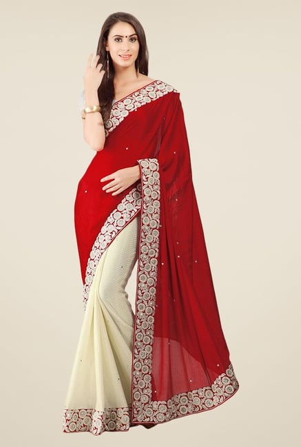 Triveni Beige & Maroon Embroidered Lycra Saree Triveni Beige & Maroon Embroidered Lycra Saree