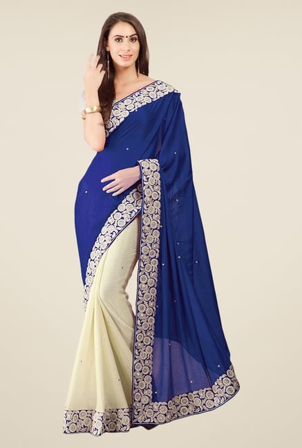 Triveni Beige & Blue Embroidered Faux Georgette Saree Triveni Beige & Blue Embroidered Faux Georgette Saree