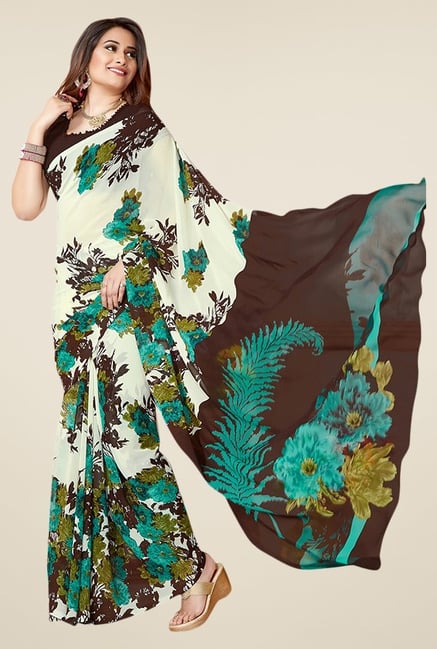 Triveni White & Brown Printed Faux Georgette Saree Triveni White & Brown Printed Faux Georgette Saree