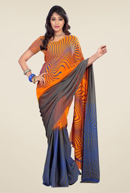 Triveni Orange & Grey Printed Faux Georgette Saree Triveni Orange & Grey Printed Faux Georgette Saree