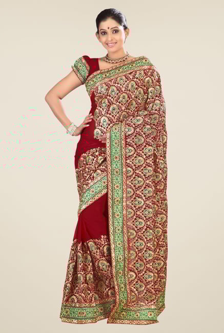 Triveni Maroon Embroidered Faux Georgette Saree Triveni Maroon Embroidered Faux Georgette Saree