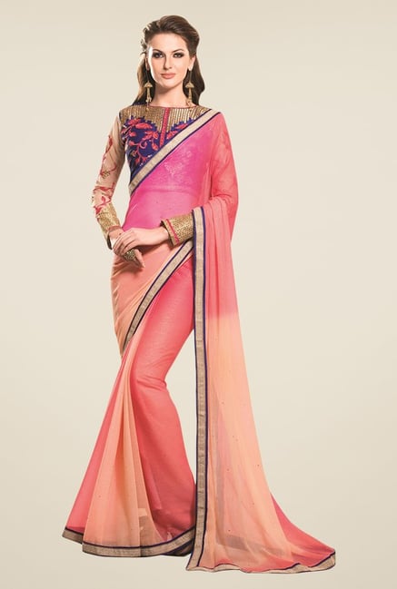 Triveni Peach Solid Chiffon & Shimmer Saree Triveni Peach Solid Chiffon & Shimmer Saree