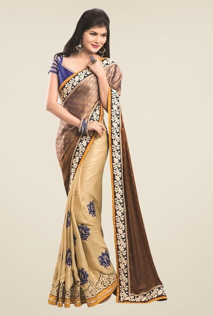 Triveni Beige & Brown Embroidered Faux Georgette Saree Triveni Beige & Brown Embroidered Faux Georgette Saree