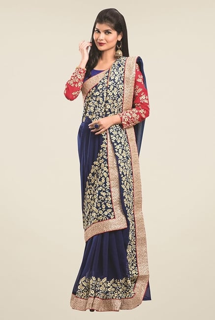 Triveni Navy Embroidered Faux Georgette Saree Triveni Navy Embroidered Faux Georgette Saree