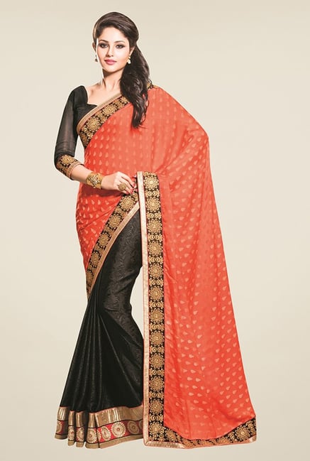 Triveni Black & Orange Printed Jacquard Saree Triveni Black & Orange Printed Jacquard Saree