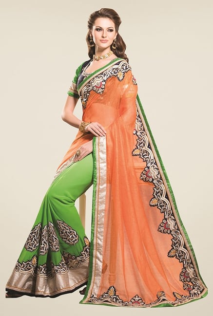 Triveni Green & Orange Embroidered Super Saree Triveni Green & Orange Embroidered Super Saree