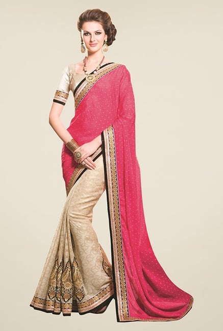 Triveni Beige & Pink Embroidered Jacquard Saree Triveni Beige & Pink Embroidered Jacquard Saree
