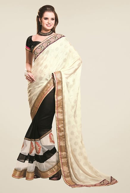 Triveni Black & Off White Embroidered Faux Georgette Saree Triveni Black & Off White Embroidered Faux Georgette Saree