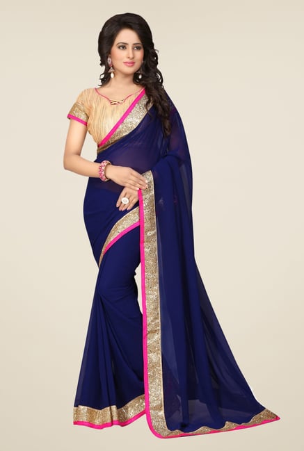 Triveni Navy Solid Faux Georgette Saree Triveni Navy Solid Faux Georgette Saree