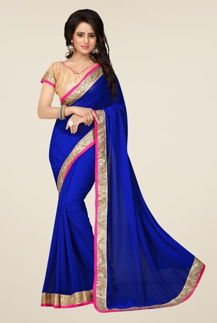 Triveni Dark Blue Solid Faux Georgette Saree Triveni Dark Blue Solid Faux Georgette Saree