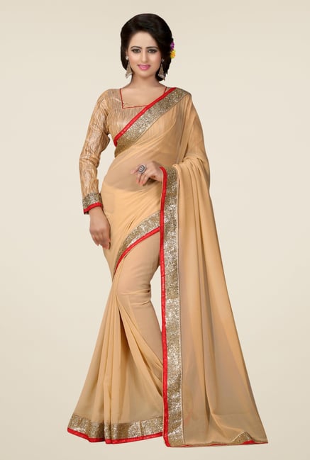 Triveni Beige Solid Faux Georgette Saree Triveni Beige Solid Faux Georgette Saree