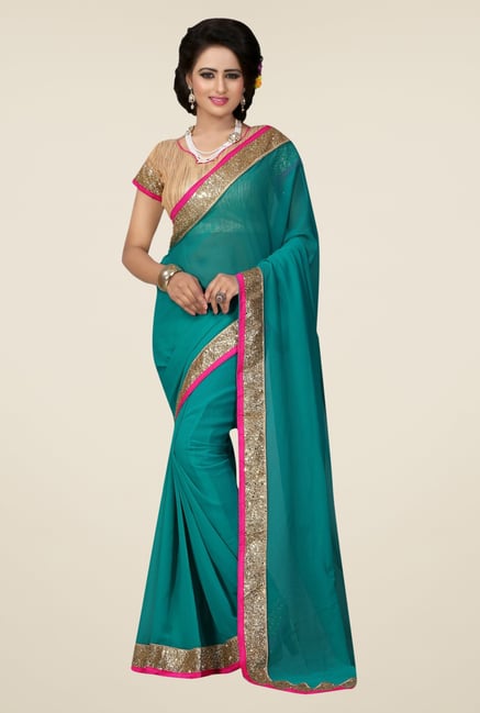 Triveni Teal Solid Faux Georgette Saree Triveni Teal Solid Faux Georgette Saree