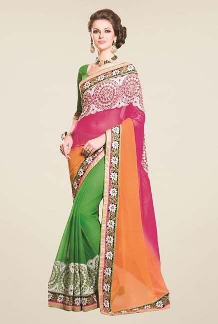 Triveni Green & Orange Embroidered Faux Georgette Saree Triveni Green & Orange Embroidered Faux Georgette Saree