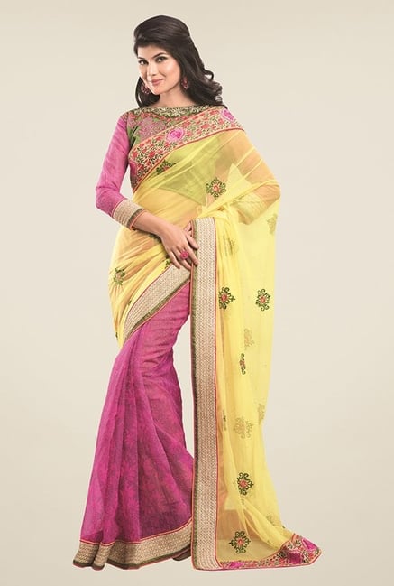 Triveni Pink & Yellow Printed Supernet Saree Triveni Pink & Yellow Printed Supernet Saree