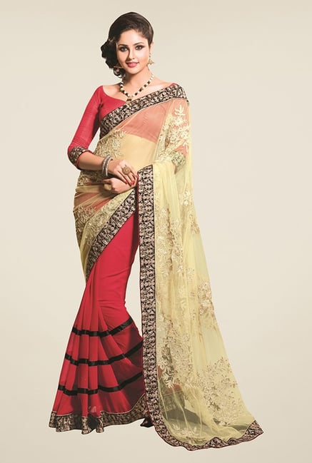 Triveni Red & Beige Embroidered Faux Georgette Saree Triveni Red & Beige Embroidered Faux Georgette Saree