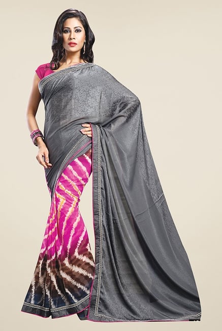 Triveni Pink & Grey Printed Satin & Faux Georgette Saree Triveni Pink & Grey Printed Satin & Faux Georgette Saree